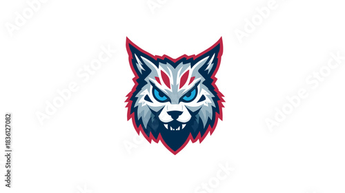 Stylized aggressive wolf or wildcat head mascot with sharp teeth and glowing blue eyes, vector illustration for esports teams.