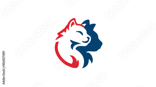 Modern graphic illustration of a stylized fox or wolf head in red and white with a dark blue silhouette or shadow
