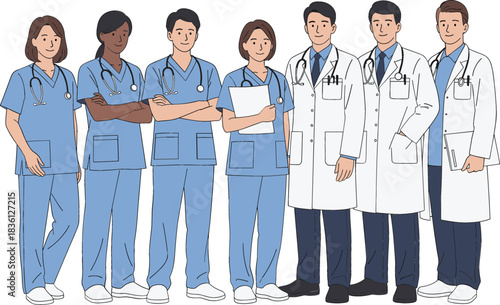 Diverse Team of Medical Professionals Standing Together, Including Doctors and Nurses in Uniforms, Representing Hospital Staff, Healthcare, and Modern Medicine Illustration.