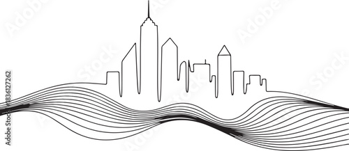 Continuous line abstract skyline created from flowing waves merging into building peaks in a thin black minimal outline drawing