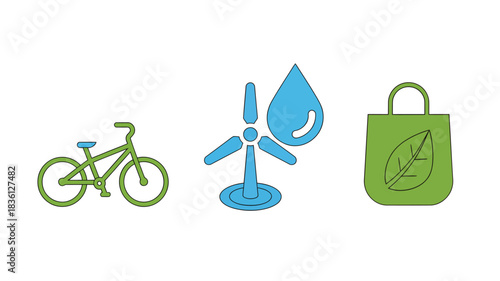 Eco-friendly icon set featuring a bicycle wind turbine with water drop and reusable bag vector illustration for sustainable living and environmental awareness