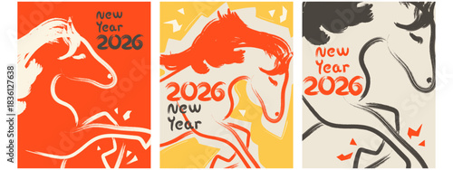 Chinese New Year 2026 poster cards set. Year of the Fire Horse. Flat vector illustration.