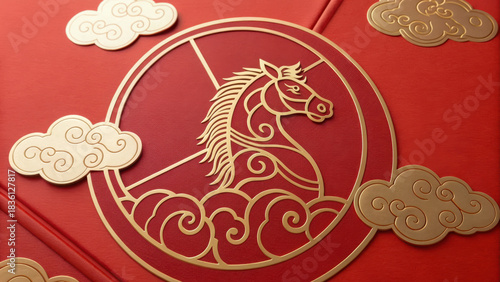 Lunar new year 2026 illustration. golden horse zodiac symbol is elegantly surrounded by stylized clouds on vibrant red background