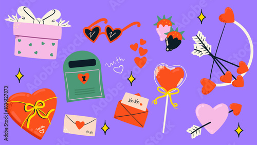 Cute set of stickers for Valentines day. Postbox, envelope, letter box, bow with arrows, gift box, sweets. Flat vector illustration.