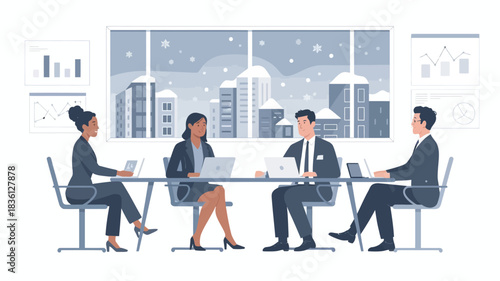 Business Team Meeting in Office with Winter City Skyline – Corporate Illustration
