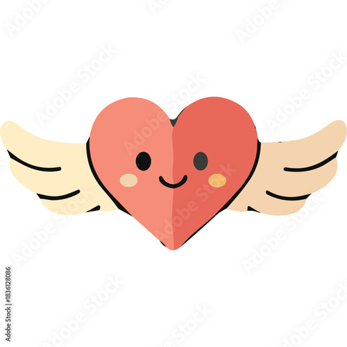 Cute cartoon heart with wings and rosy cheeks smiling against a black background representing love and affection