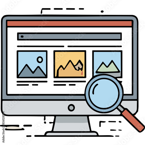 Computer screen displaying a search interface with image thumbnails and a magnifying glass symbolizing online search and discovery of digital content and visual data exploration