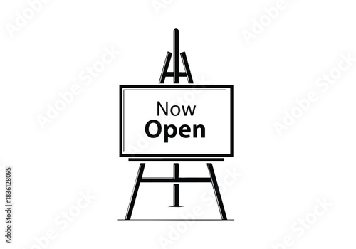 Now open sign on display easel, announce your business is ready for customers, welcome clients and partners, new business or grand opening announcement