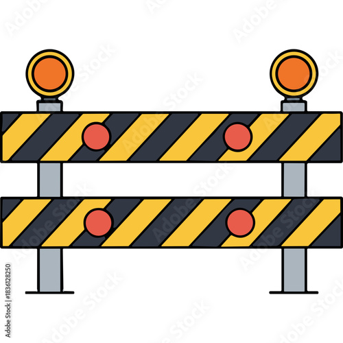 Construction Barrier with Warning Lights and Reflectors on Black Background Safety Hazard Zone Traffic Control Equipment Industrial Safety Signage