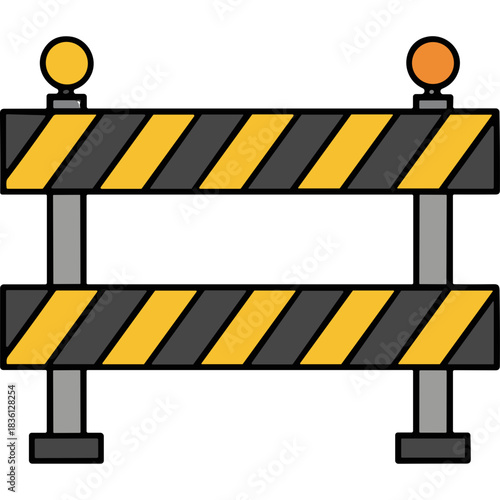 Construction Barrier with Yellow and Black Stripes and Orange Lights Warning of Road Work and Safety Hazard in a Simple Flat Design Illustration