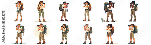 A Set of flat-style digital illustration of a hiker taking photos with a camera, full body visible, no background (plain white)