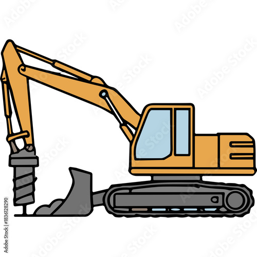 Construction excavator with auger drill attachment ready for heavy duty digging and earthmoving on a clear day