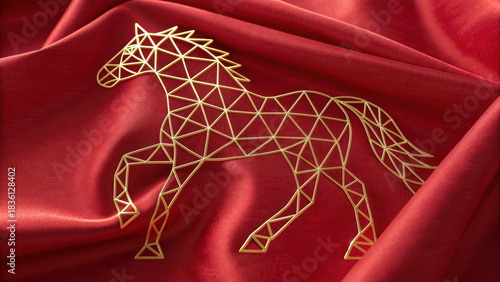 Lunar new year 2026 illustration. stylized geometric horse design on red fabric, evoking elegance and creativity