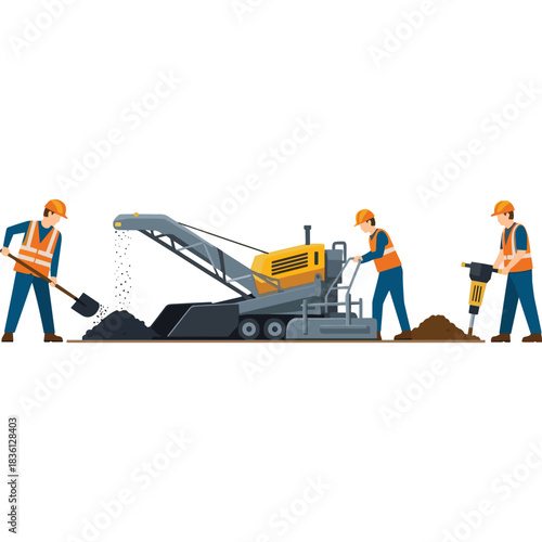 Construction Workers Operating Heavy Machinery With Shovels And Jackhammer On Black Background Industrial Scene Outdoor Construction Project Activity