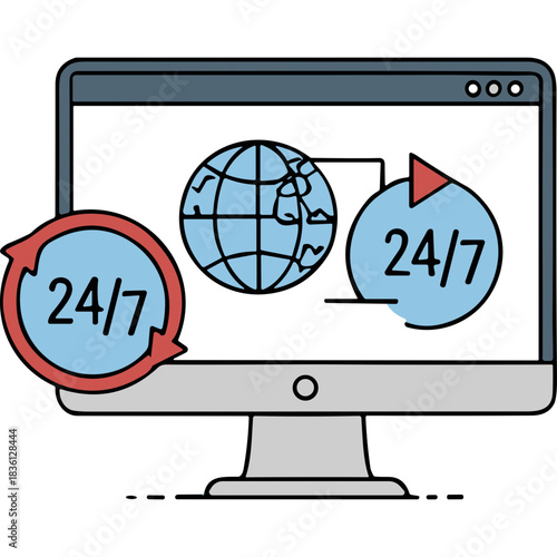 Computer screen displaying a globe icon and 24/7 service symbols indicating constant online availability and global network access for business operations