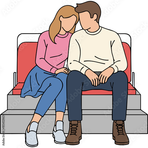 Couple Sitting Close Together On A Red Bench Indoors Showing Affection And Romantic Connection Warm Clothing In A Casual Setting