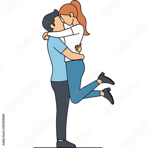 Couple Embracing Affectionately Man Lifting Woman Up in Romantic Kiss with Casual Outfits Against Black Background Expressing Love and Connection