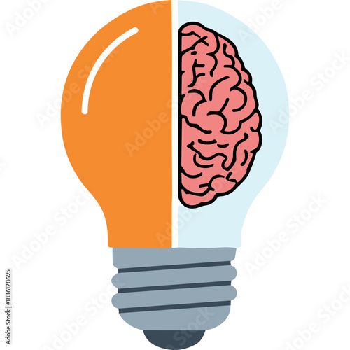 Creative Idea Concept Symbolizing Brainstorming and Innovation Half Light Bulb Half Human Brain Illustration on Black Background Vivid Orange and Blue Colors
