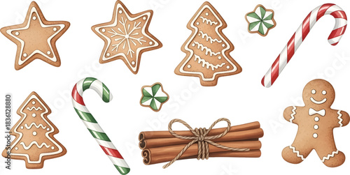 Vector Illustration Festive Christmas Gingerbread Cookies and Candy Canes Collection