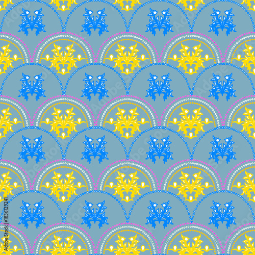 ​A seamless repeating pattern featuring stylized orange and yellow flowers and green leaves within a scalloped, Art Deco-inspired arch motif on a pale tan background.