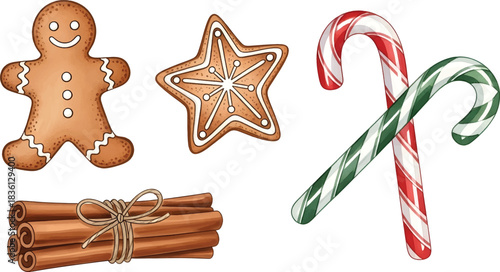 Vector Illustration Festive Gingerbread, Candy Canes, and Cinnamon Sticks Collection