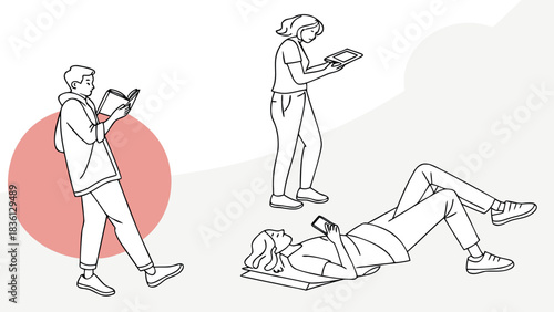 Outline Illustration of Young People Reading Books and Using Digital Devices