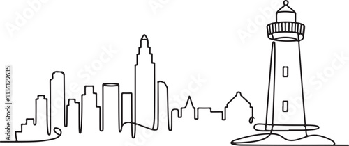 Continuous line illustration of the Accra skyline with the Jamestown lighthouse in a minimal elegant outline drawing