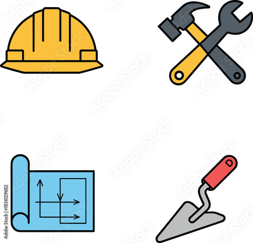 Construction icon set featuring hard hat hammer wrench blueprint and trowel tools for building engineering architecture planning and safety illustration design