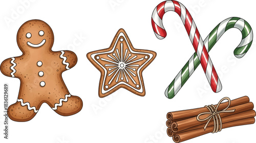 Vector Illustration Christmas Gingerbread Cookies and Candy Canes Collection