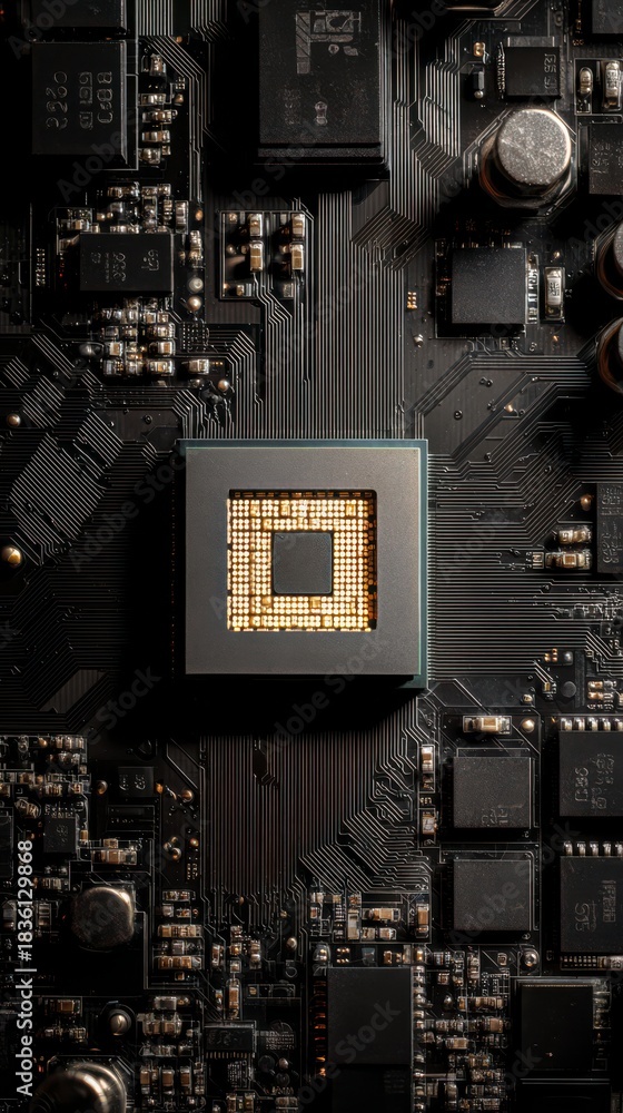 Fototapeta premium Digital Circuitry: A close-up view of a high-tech circuit board with intricate details, showcasing the complexity of modern technology.