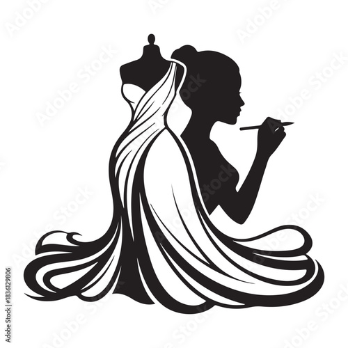 Silhouette logo of a woman with a dress form and brush isolated on white background