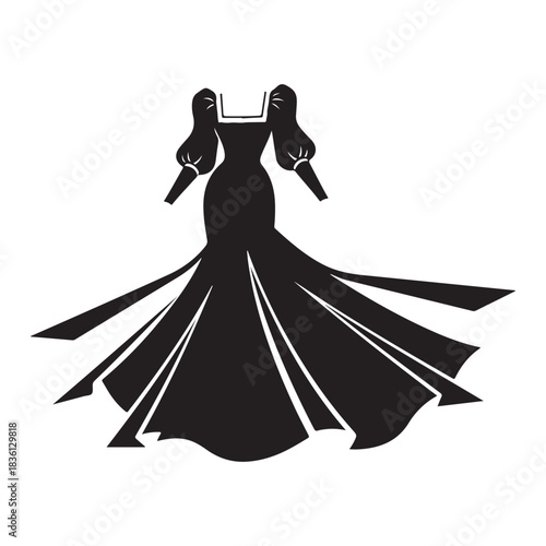 Black elegant evening gown silhouette with dramatic flared skirt
