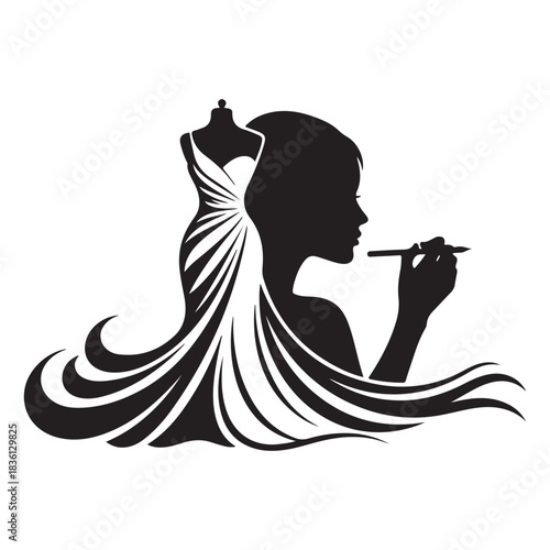 Silhouette logo of fashion designer with dress form and brush isolated on white background