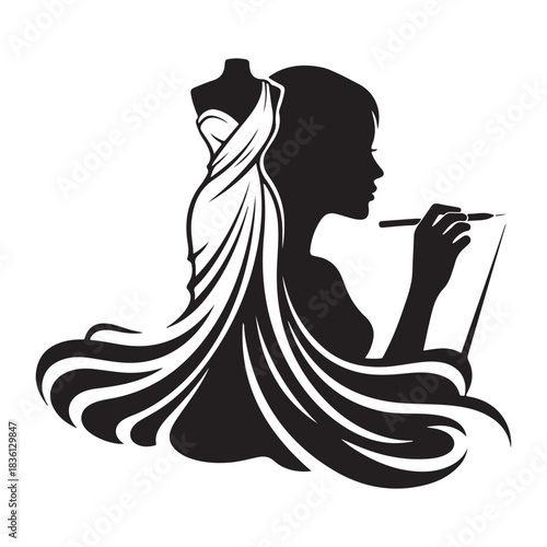 Silhouette logo of fashion designer with dress form and brush isolated on white background