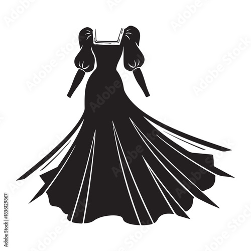 Black evening gown silhouette with dramatic flared train isolated on white background