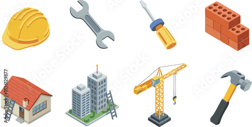Isometric construction icon set featuring hard hat tools bricks buildings crane house and equipment for engineering architecture development and industrial projects illustration