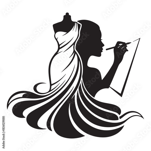 Silhouette logo of fashion designer with dress form and brush isolated on white background