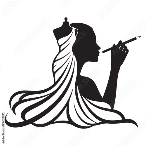 Silhouette of fashion designer with dress form and brush isolated on white background