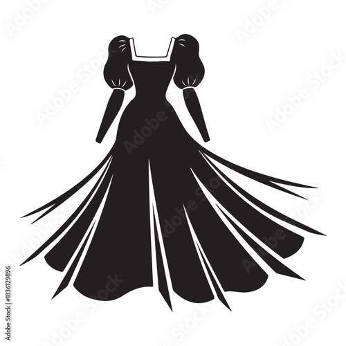 Black silhouette of a formal evening gown with puff sleeves