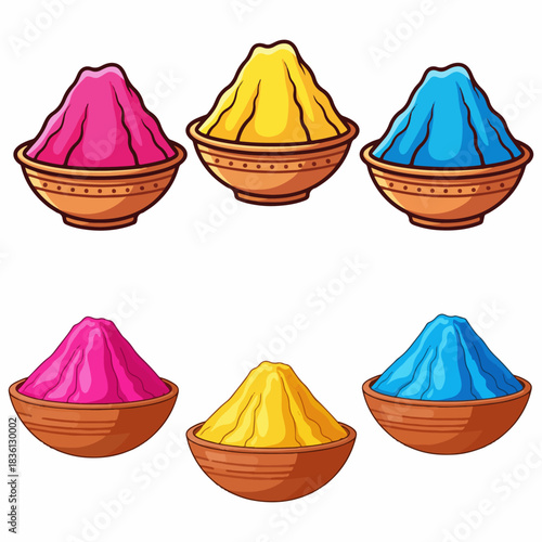 Bright colorful Holi powder piles in traditional Indian bowls
