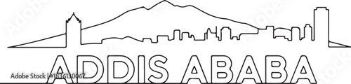 Continuous line illustration of the Addis Ababa skyline with mountain silhouette in a minimal elegant outline drawing