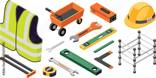 Isometric construction tool set featuring safety vest hard hat wheelbarrow wrenches levels tape measure and equipment for building engineering industrial projects