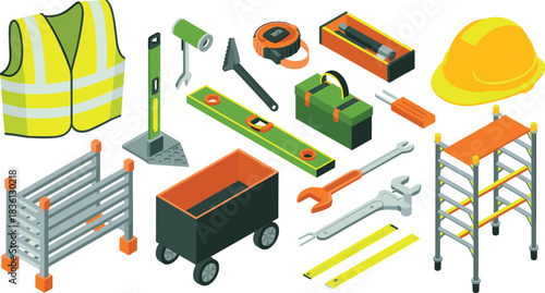 Isometric construction tool set featuring safety vest hard hat wheelbarrow wrenches levels tape measure and equipment for building engineering industrial projects