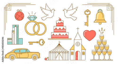 Wedding Ceremony Symbols Including Rings, Cake, Church, Car, and Doves Illustration in Festive Wedding Environment