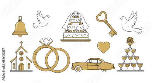Wedding Celebration Symbols Featuring Rings, Cake, Church, Car, and Doves in Graphic Illustration Style