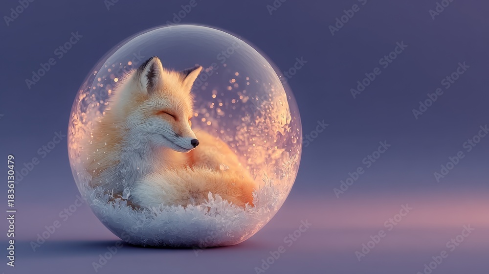 Naklejka premium Serene fox in snow globe with soft glow on purple background