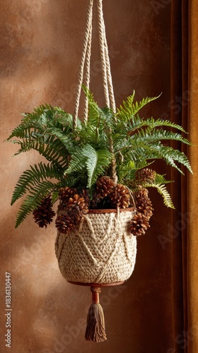 Hanging macramé planter with ferns and pine cones on brown textured background