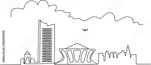 Continuous line illustration of the Addis Ababa skyline with the African Union building in a minimal elegant outline drawing