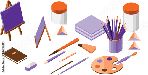 Isometric illustration of art supplies including pencils brushes palette easels sketchbook paint jars and stationery for creative drawing painting design projects