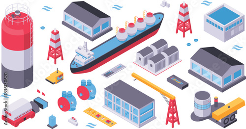 Isometric illustration of gas energy facilities including LNG ship storage tanks industrial buildings pipelines machinery control panels and offshore structures for industry